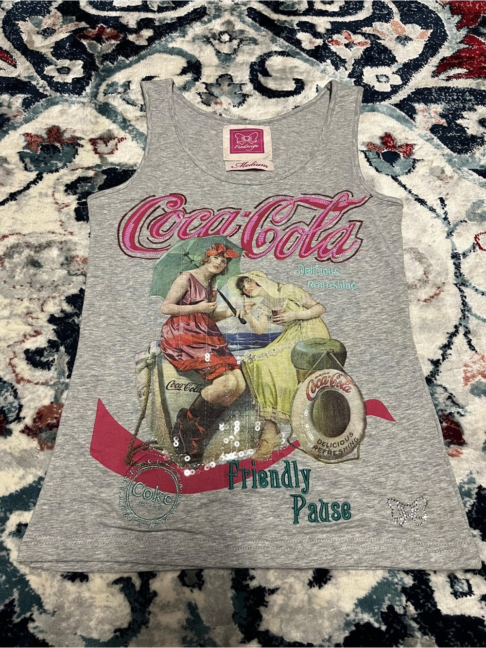Rare Italian antique inspiredCoca Cola Gray Tank with Pink Logo and Teal Accents